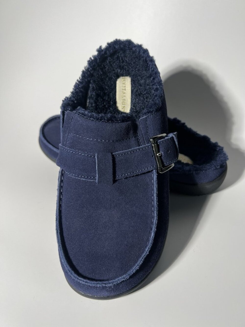 Revitalign Siesta Snug Women’s Mules 9.5 B Navy Suede Faux Fur Orthotic NEW